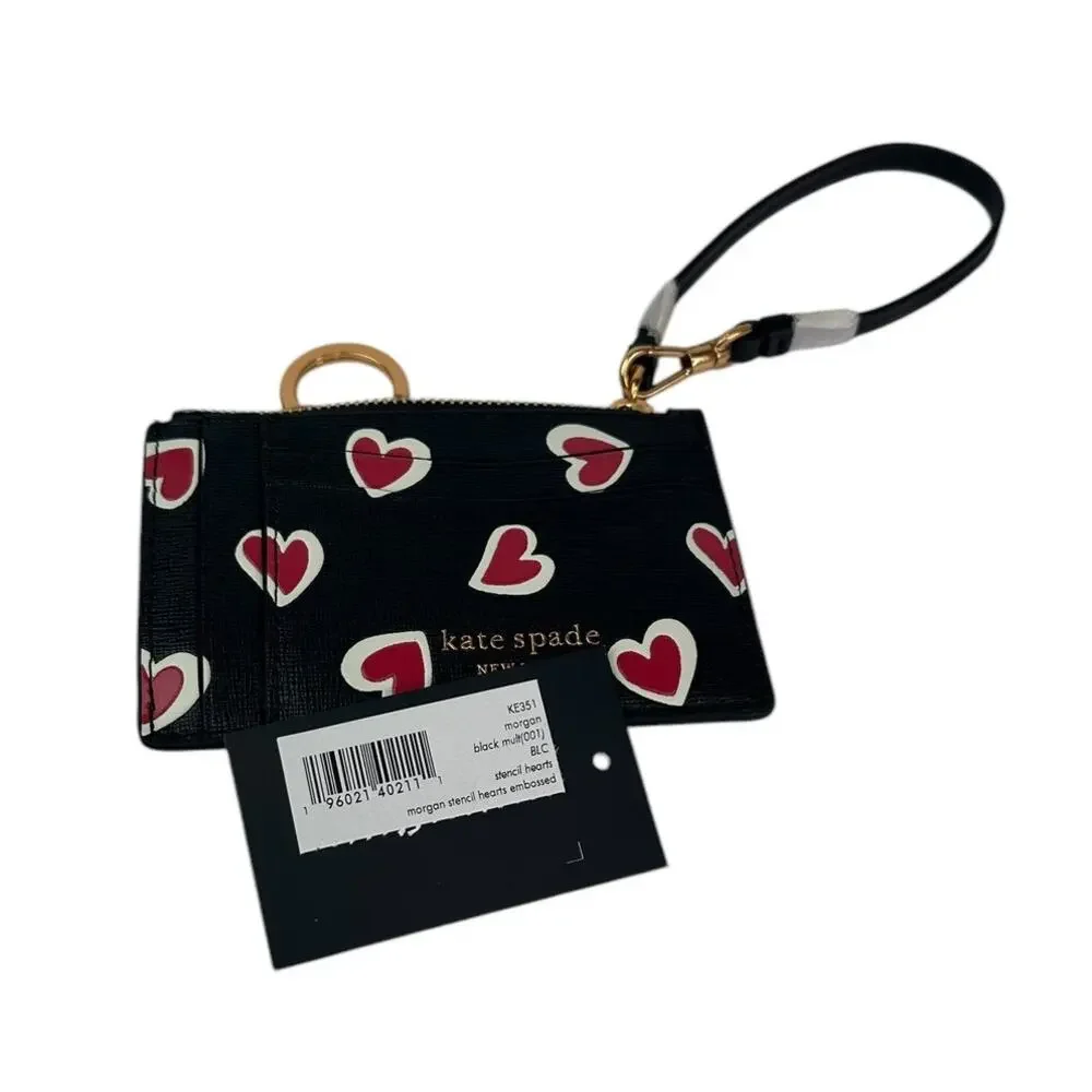 kate spade Morgan Stencil Hearts Embossed Printed Coin Card Case Wristlet Black